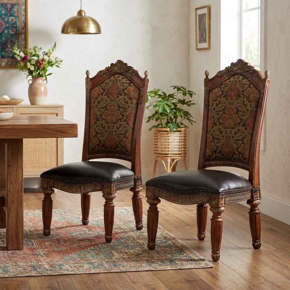 Classic Chestnut Dining Side Chairs with Leather & Jacquard Upholstery, Set of 2