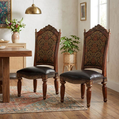 Classic Chestnut Dining Side Chairs with Leather & Jacquard Upholstery, Set of 2