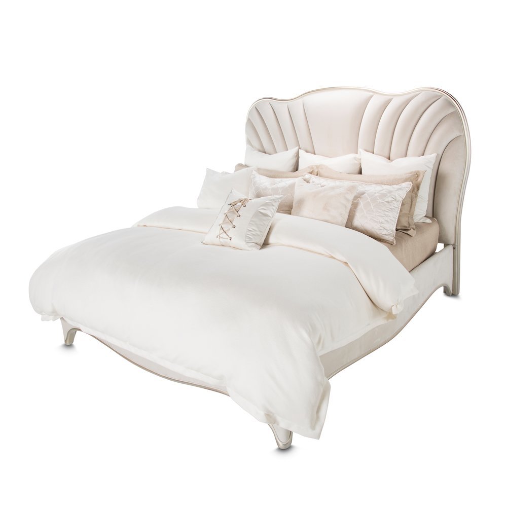 London Place Eastern King Velvet Panel Bed - Creamy Pearl