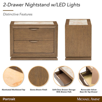 Portrait 2-Drawer Nightstand with LED Lights - Sienna Brown