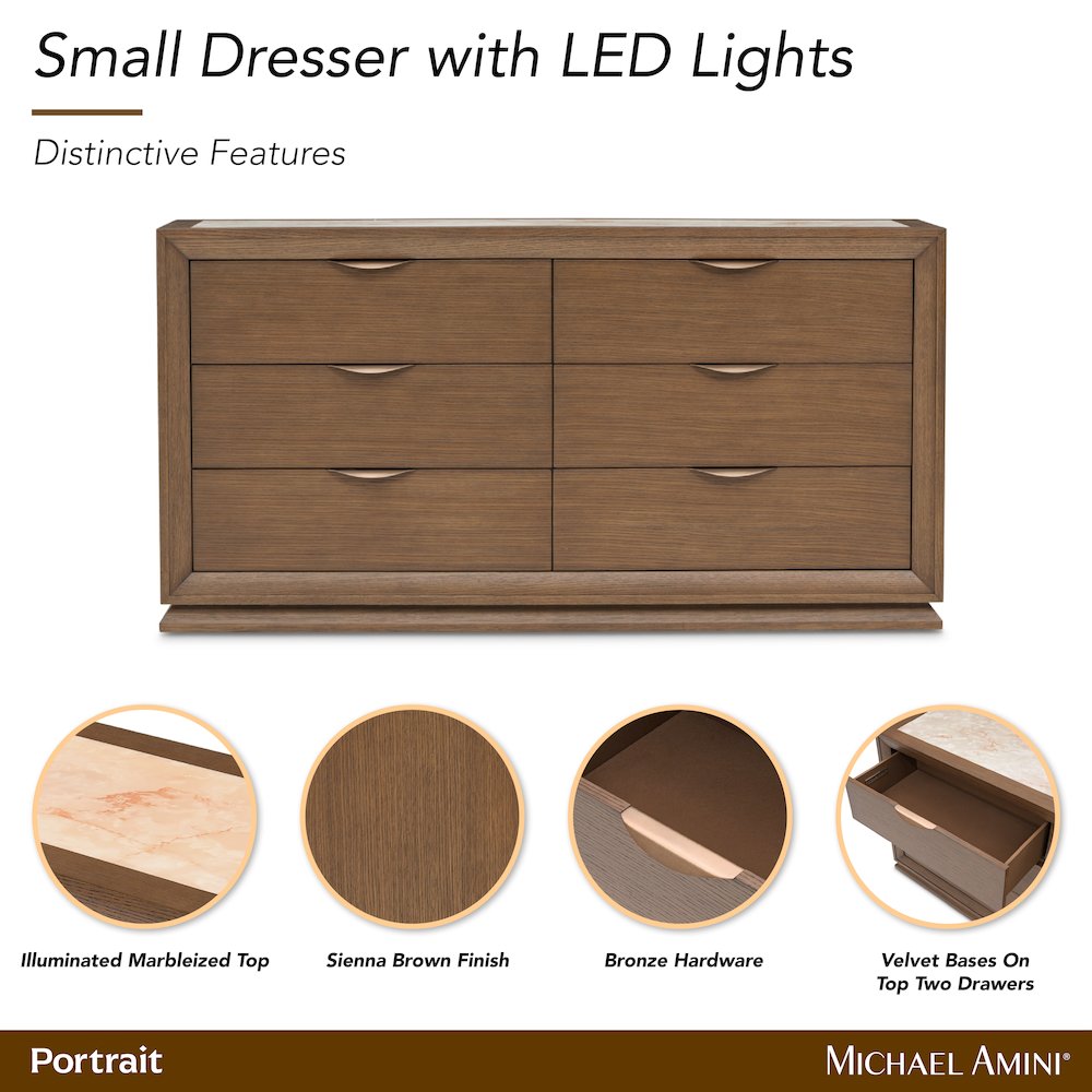 Portrait Small Dresser with LED Lights - Sienna Brown