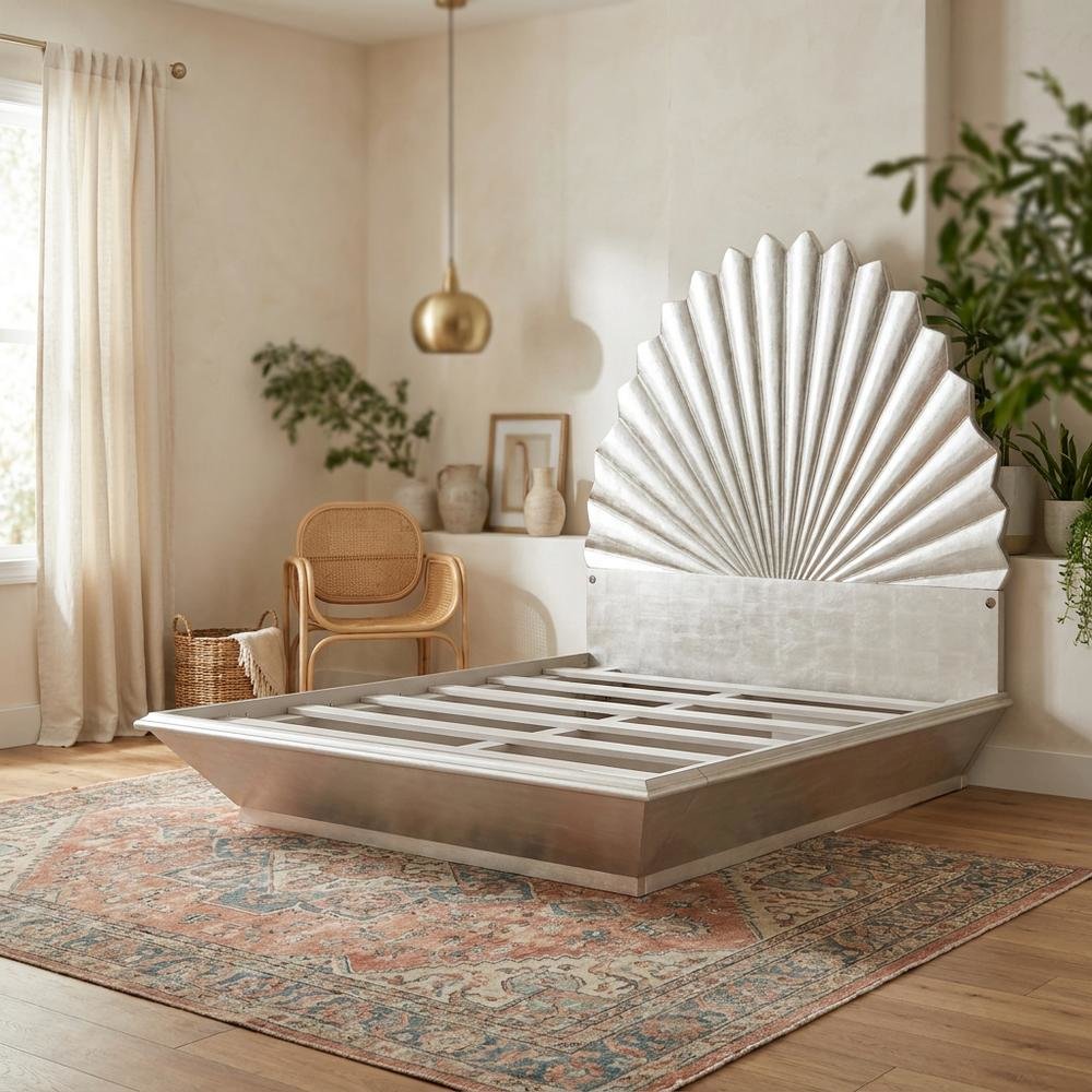 King Fan Bed in Silver Leaf for Elegant Bedroom Decor