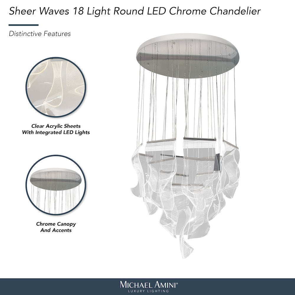 Sheer Waves 18-Light Modern LED Chandelier - Chrome