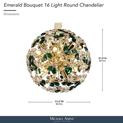 Emerald Bouquet 16-Light Round Crystal Chandelier - Gold