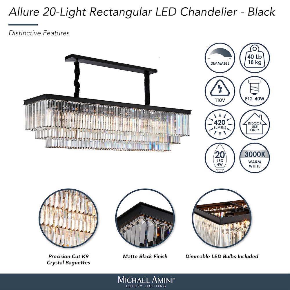 Allure 20-Light Rectangular Crystal Chandelier - Matte Black