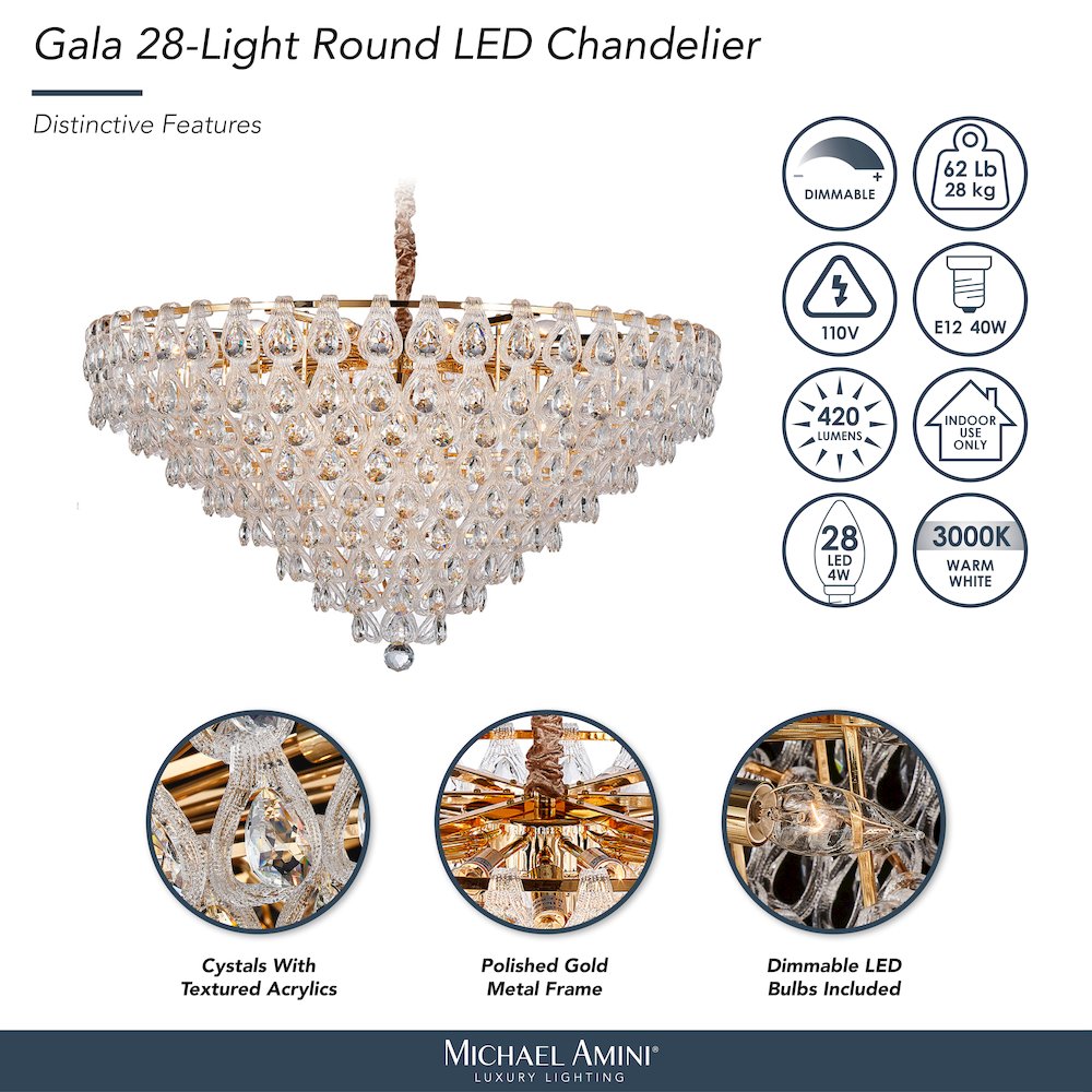 Gala 28-Light Round LED Chandelier - Gold