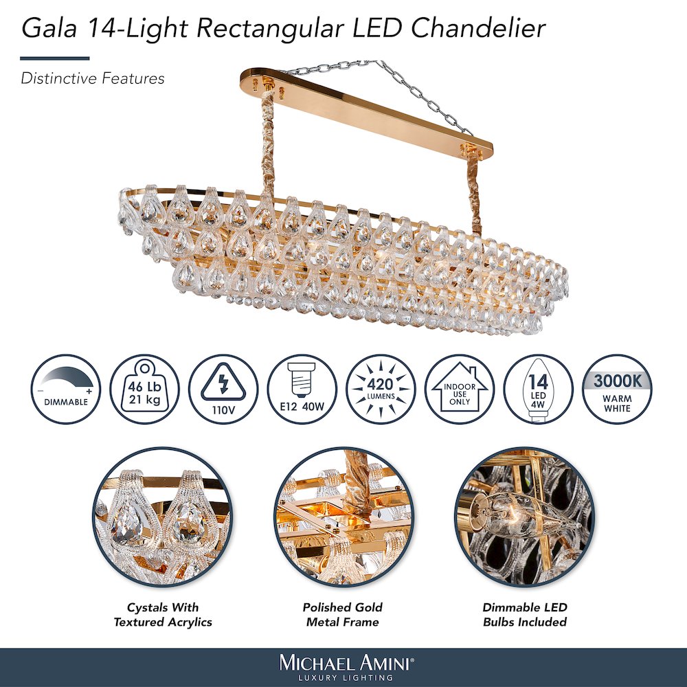 Gala 14-Light Rectangular LED Chandelier - Gold