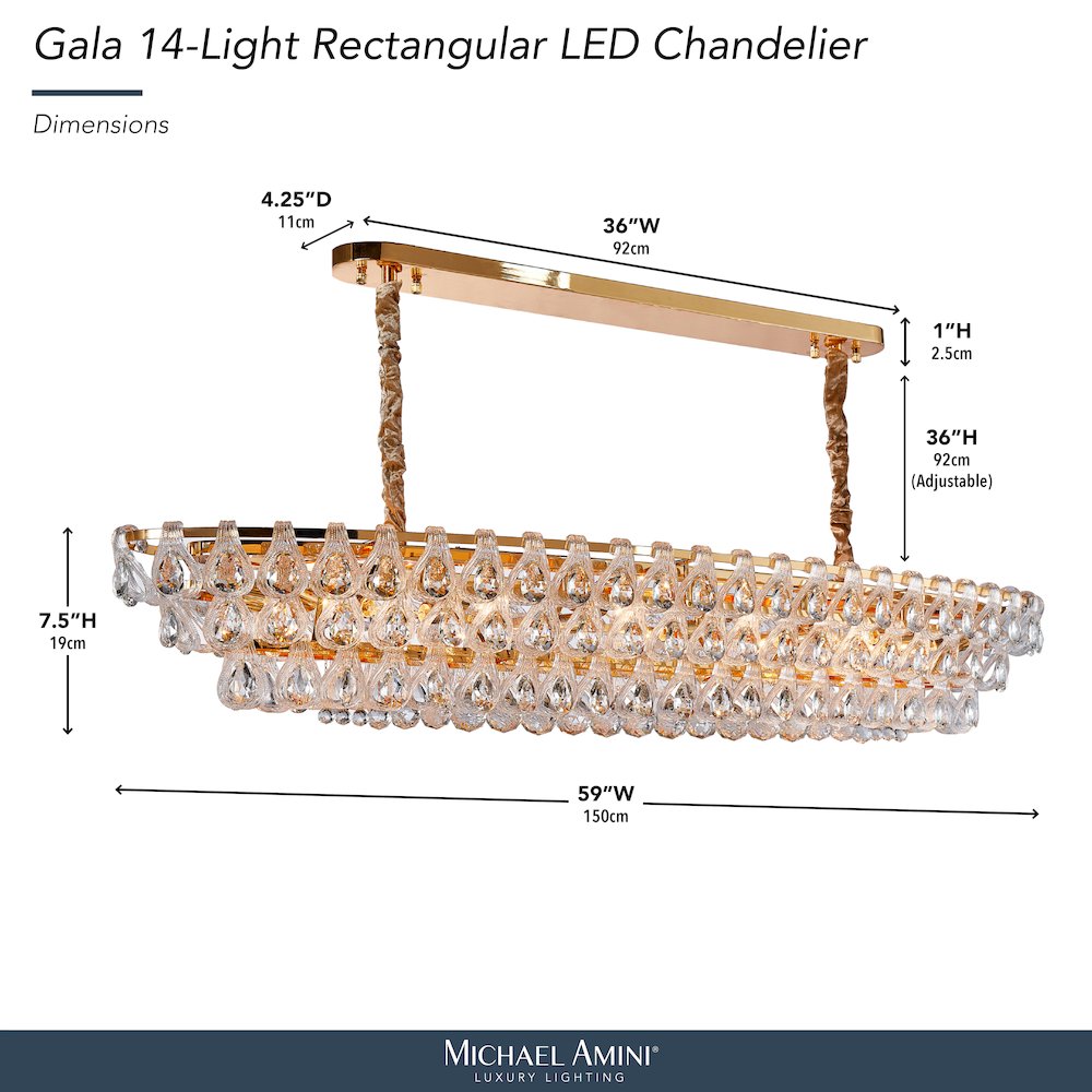 Gala 14-Light Rectangular LED Chandelier - Gold
