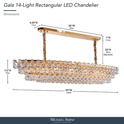 Gala 14-Light Rectangular LED Chandelier - Gold