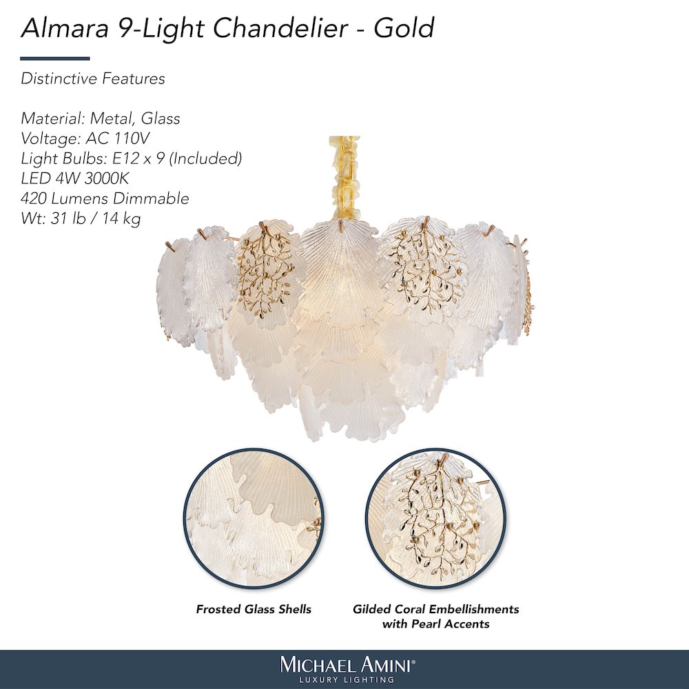 Almara 9-Light Frosted Glass Chandelier - Frost/Gold