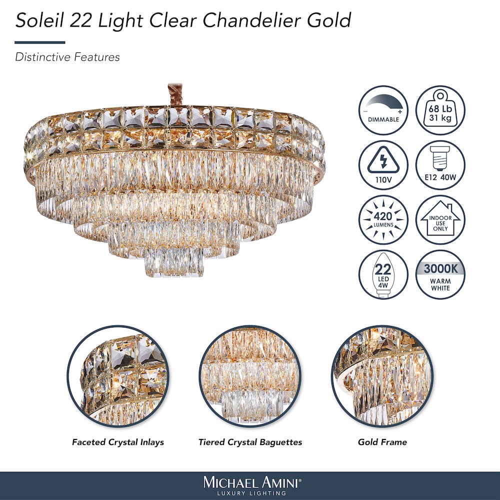 Soleil 22-Light Crystal Chandelier - Gold