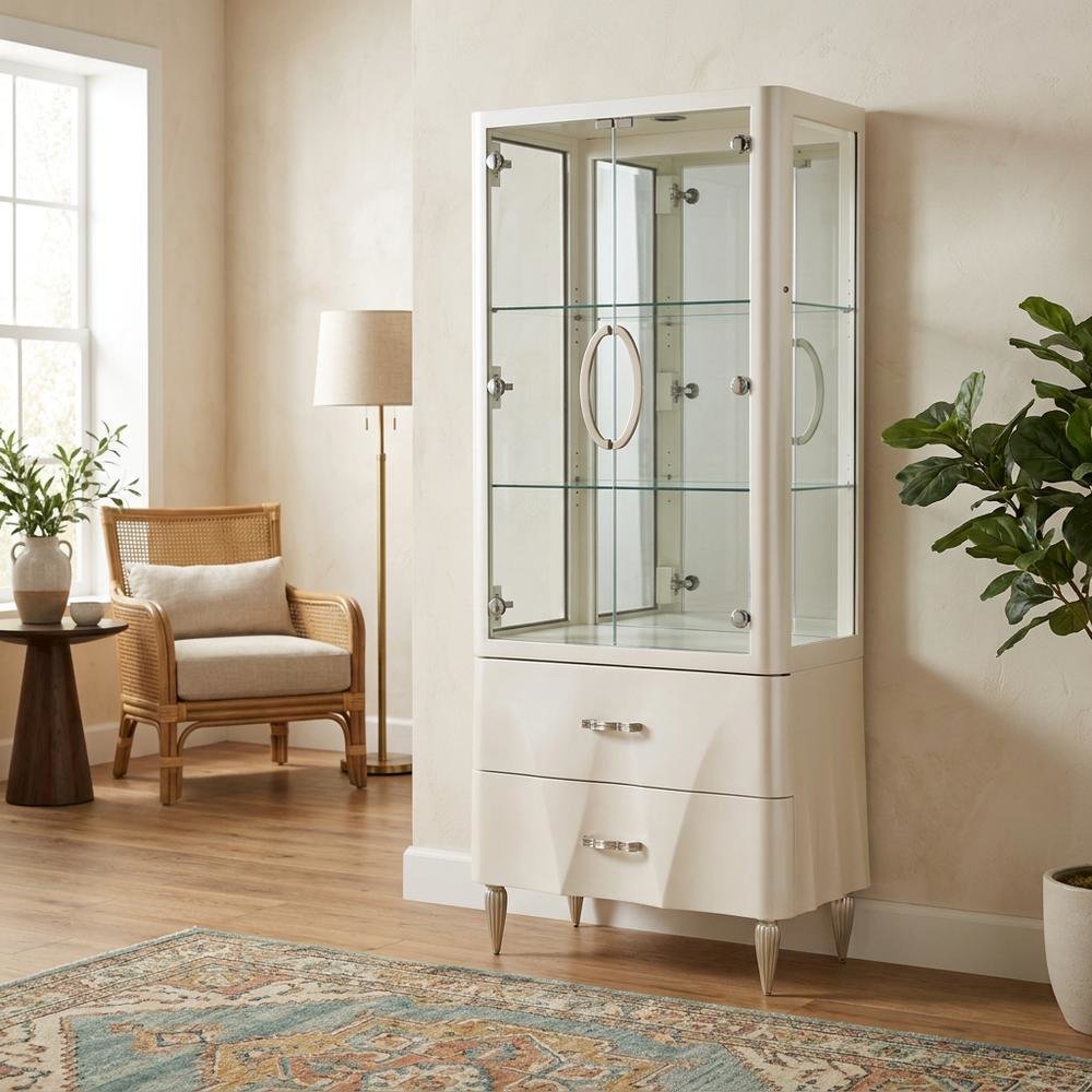 Creamy Pearl Display Cabinet with Glass Shelves in Elegant Finish