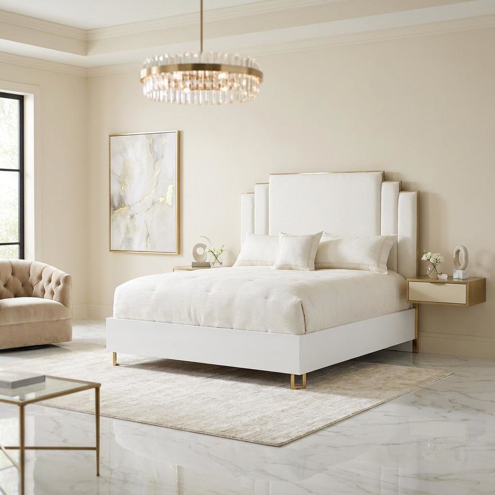 Upholstered Eastern King Bed in Cream with Polyester Fabric and Woven Finish