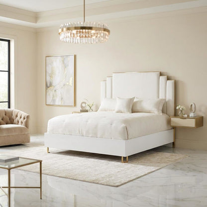 Upholstered Eastern King Bed in Cream with Polyester Fabric and Woven Finish