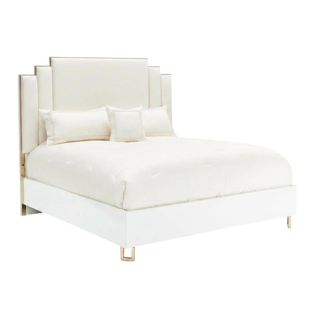 Upholstered Eastern King Bed in Cream with Polyester Fabric and Woven Finish