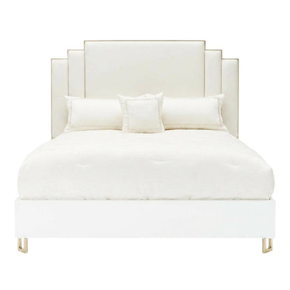 Upholstered Eastern King Bed in Cream with Polyester Fabric and Woven Finish