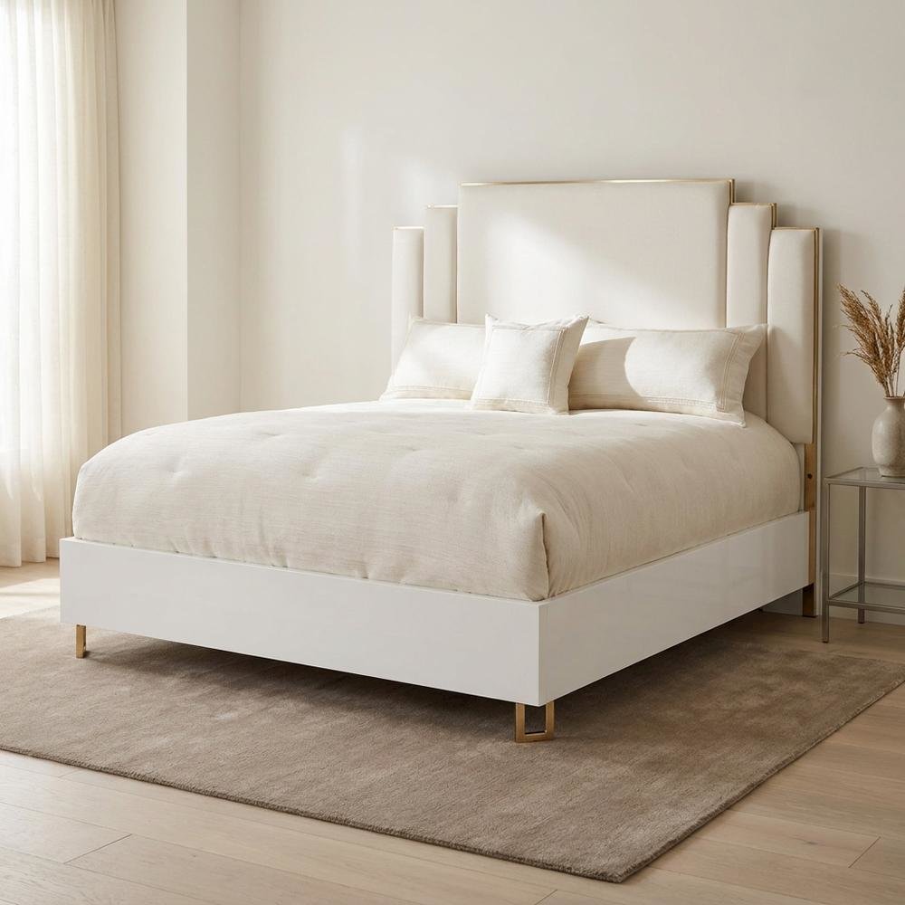 Upholstered Eastern King Bed in Cream with Polyester Fabric and Woven Finish