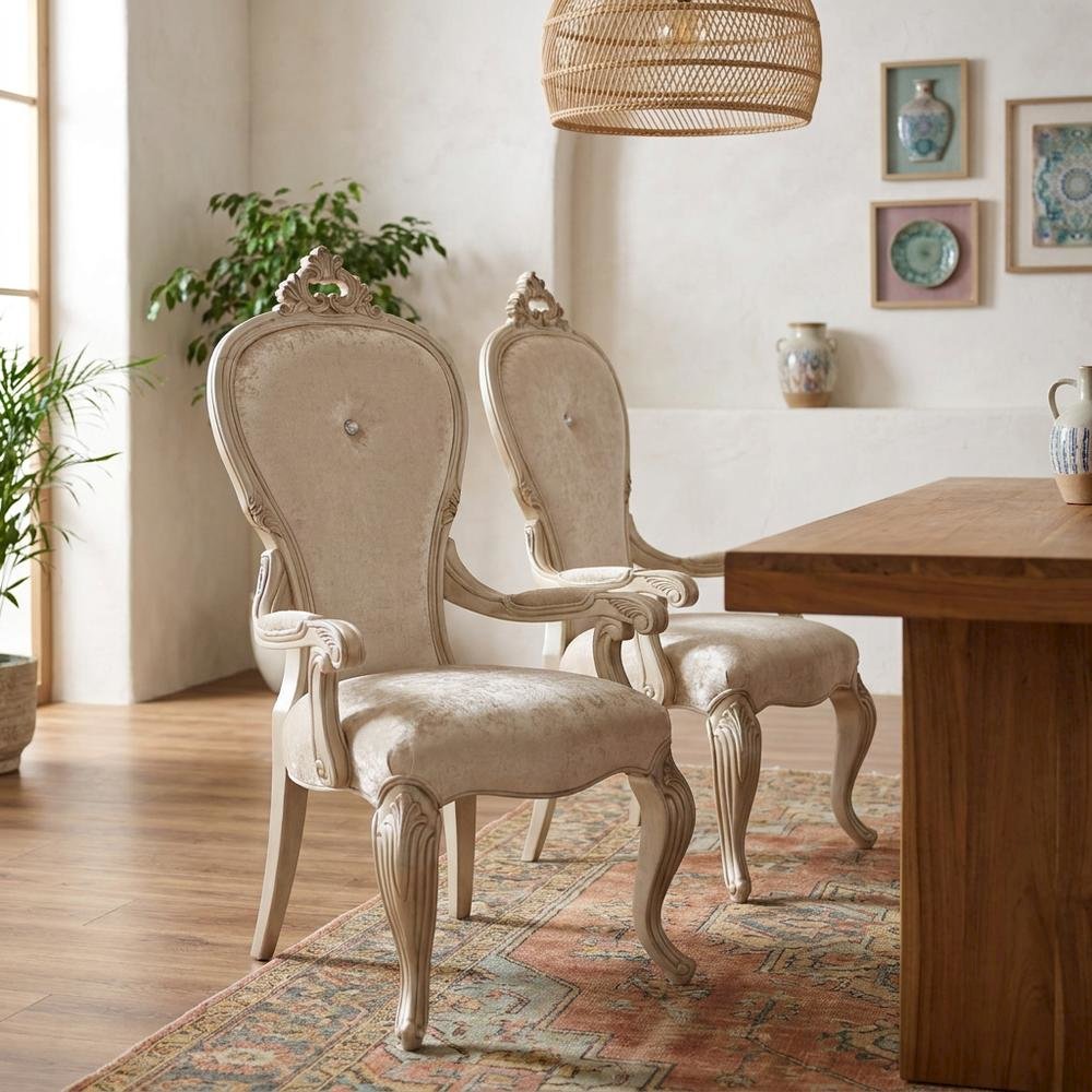 Champagne Velvet Dining Arm Chairs Set of 2 with Rubberwood Frame