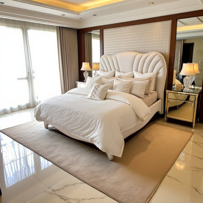 Cream Bed Frame with Velvet Upholstery and King Platform Structure