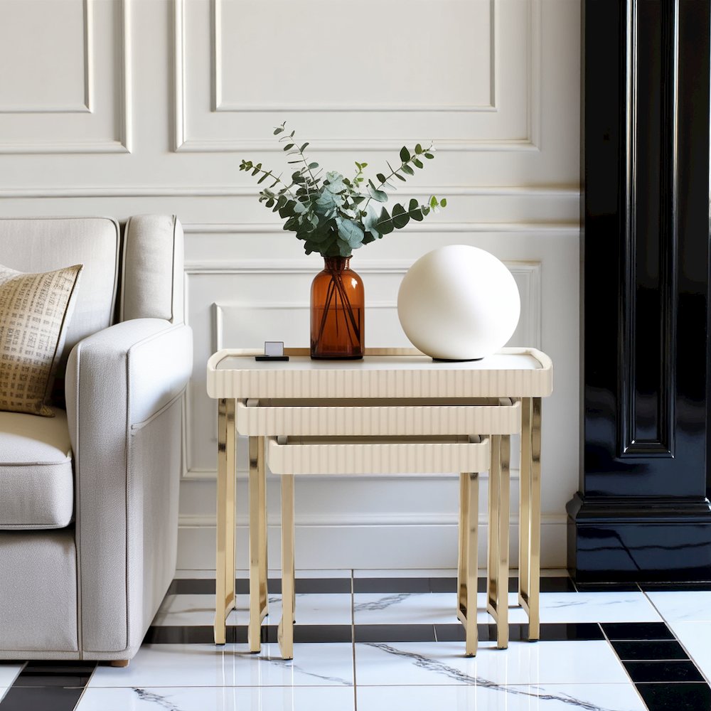 Beige Nesting End Tables Set of 3, Gold Side Tables for Living Room