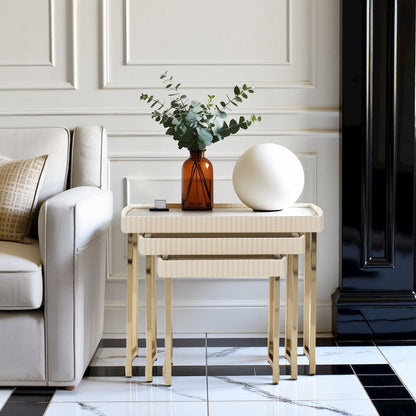 Beige Nesting End Tables Set of 3, Gold Side Tables for Living Room