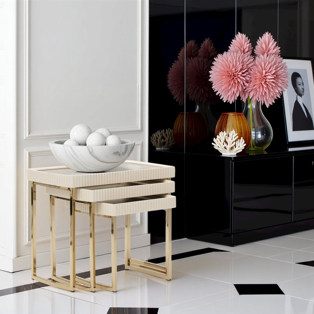Beige Nesting End Tables Set of 3, Gold Side Tables for Living Room