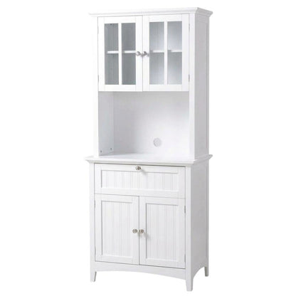 Metal and wood buffet with framed glass doors and drawer for stylish storage