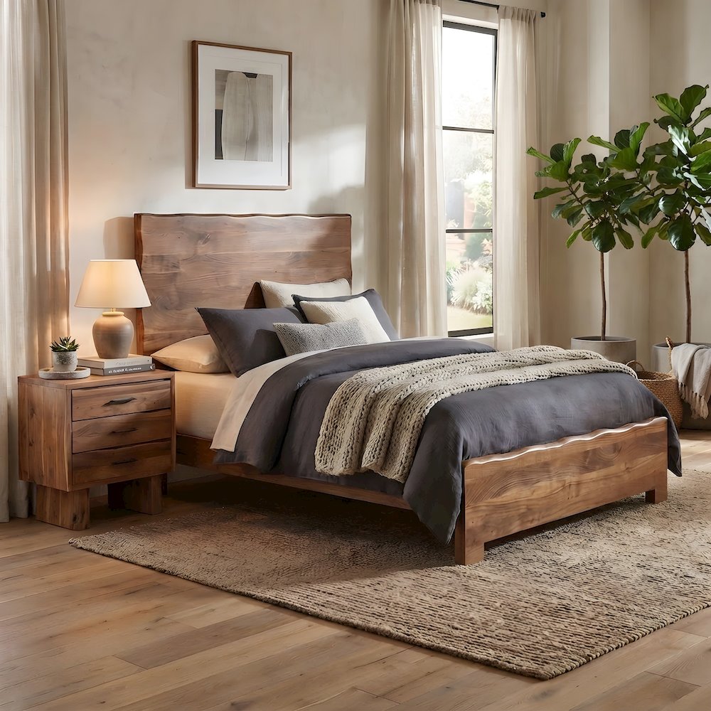 Solid Acacia King Panel Bed with Live Edge Headboard and Footboard