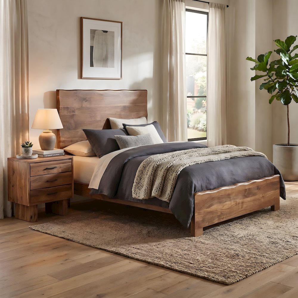 Solid Acacia King Panel Bed with Live Edge Headboard and Footboard