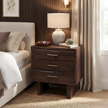 Solid Acacia Wood Nightstand with Live Edge Drawers with Storage