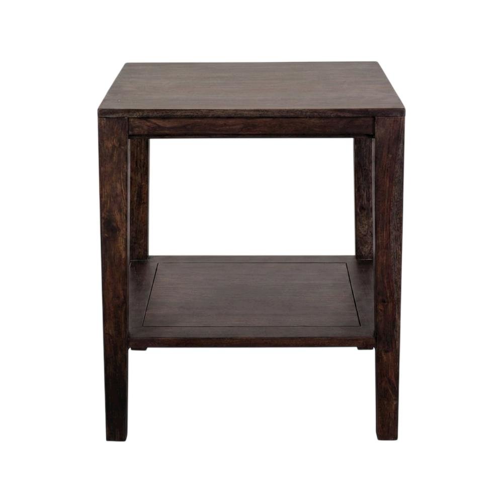 Solid Sheesham Wood End Table with Industrial-Style Open Shelf for Living Room