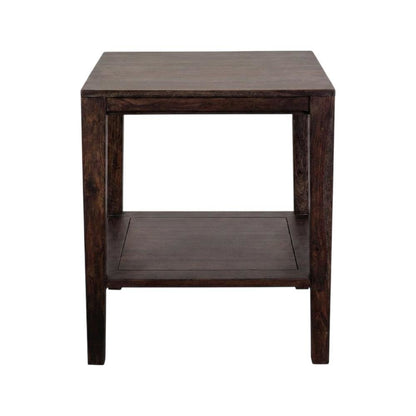 Solid Sheesham Wood End Table with Industrial-Style Open Shelf for Living Room