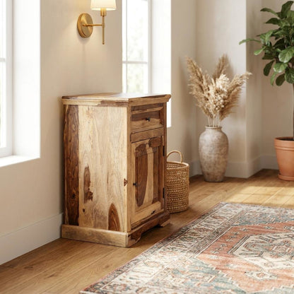 Solid Sheesham Wood Nightstand with Open Shelf, Bohemian Bedside Table