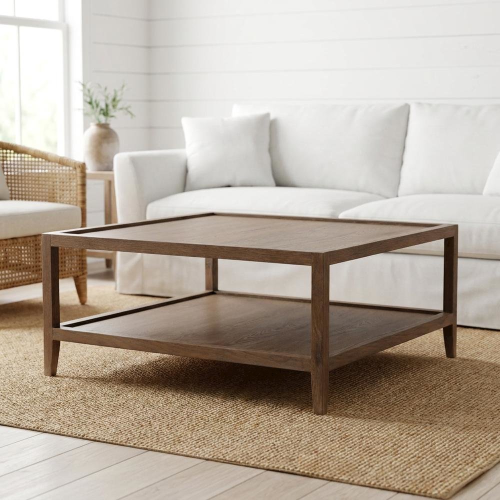 Solid Oak Wood Coffee Table with Modern Farmhouse Style for Living Room