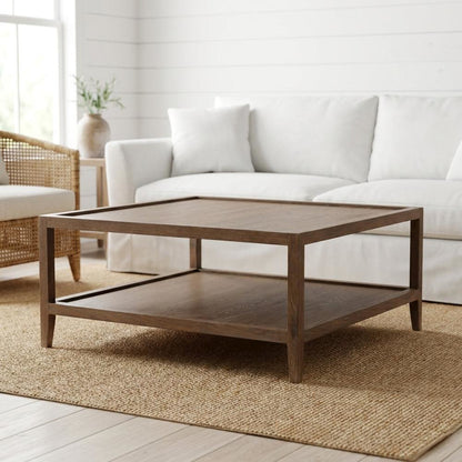Solid Oak Wood Coffee Table with Modern Farmhouse Style for Living Room