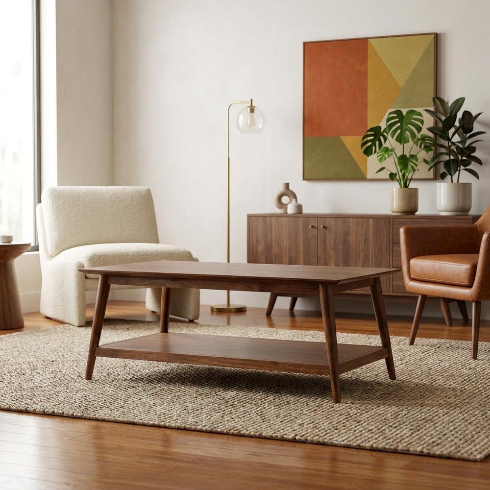 Solid Acacia Wood Coffee Table with Mid-Century Modern Style for Living Room