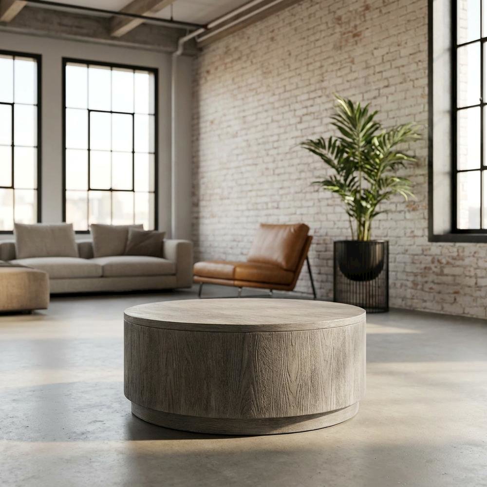 Mango Wood Round Coffee Table with Drum Base for Living Room