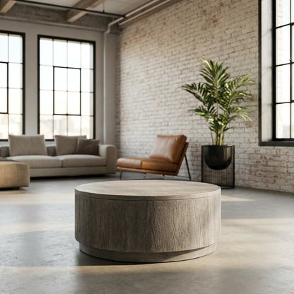 Mango Wood Round Coffee Table with Drum Base for Living Room