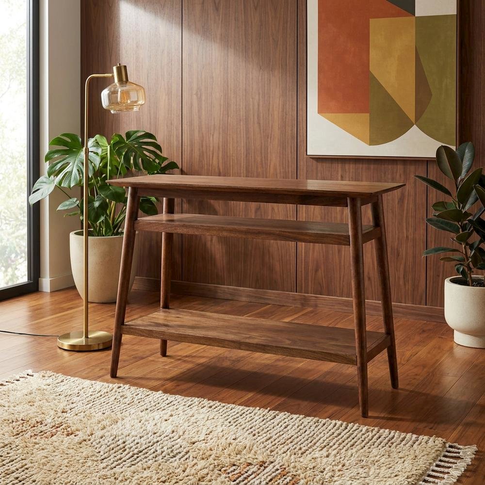 Solid Acacia Wood Console Table with Mid-Century Modern Style for Entryway