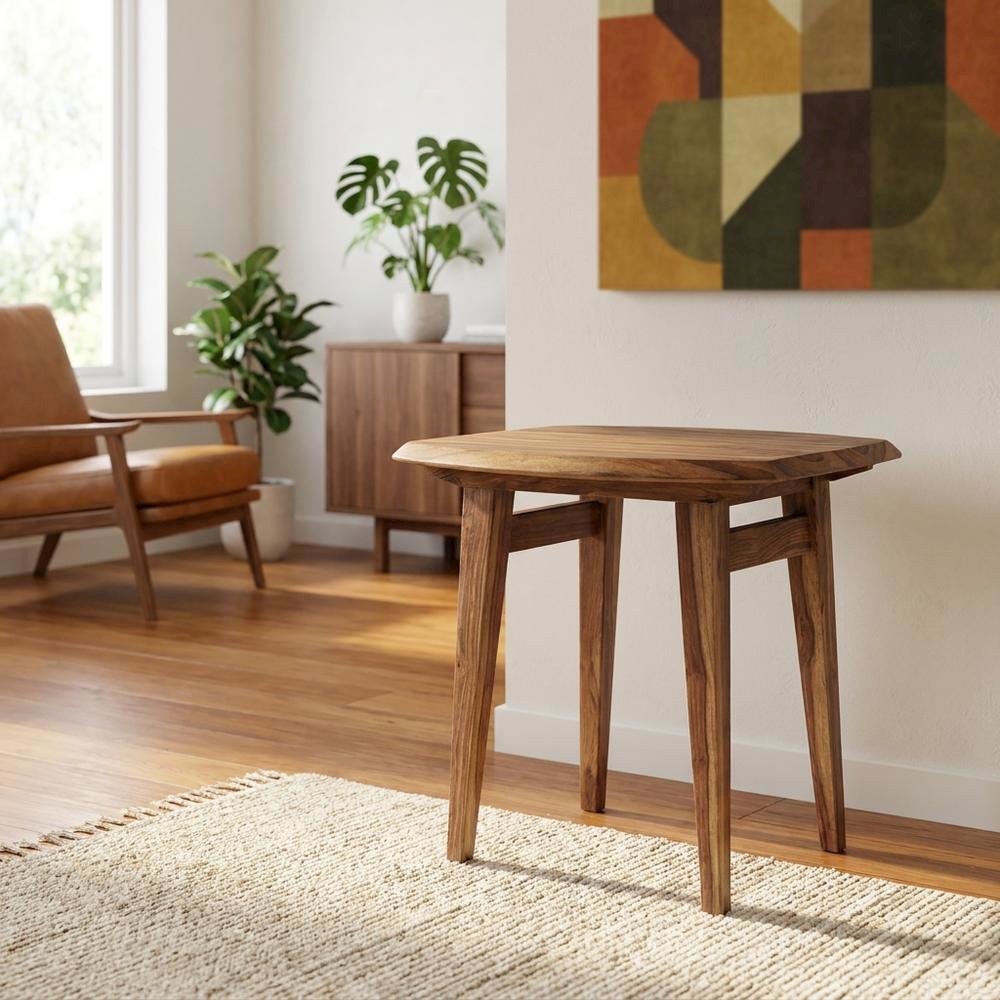 Solid Sheesham Wood Mid-Century Modern Accent End Table for Living Room