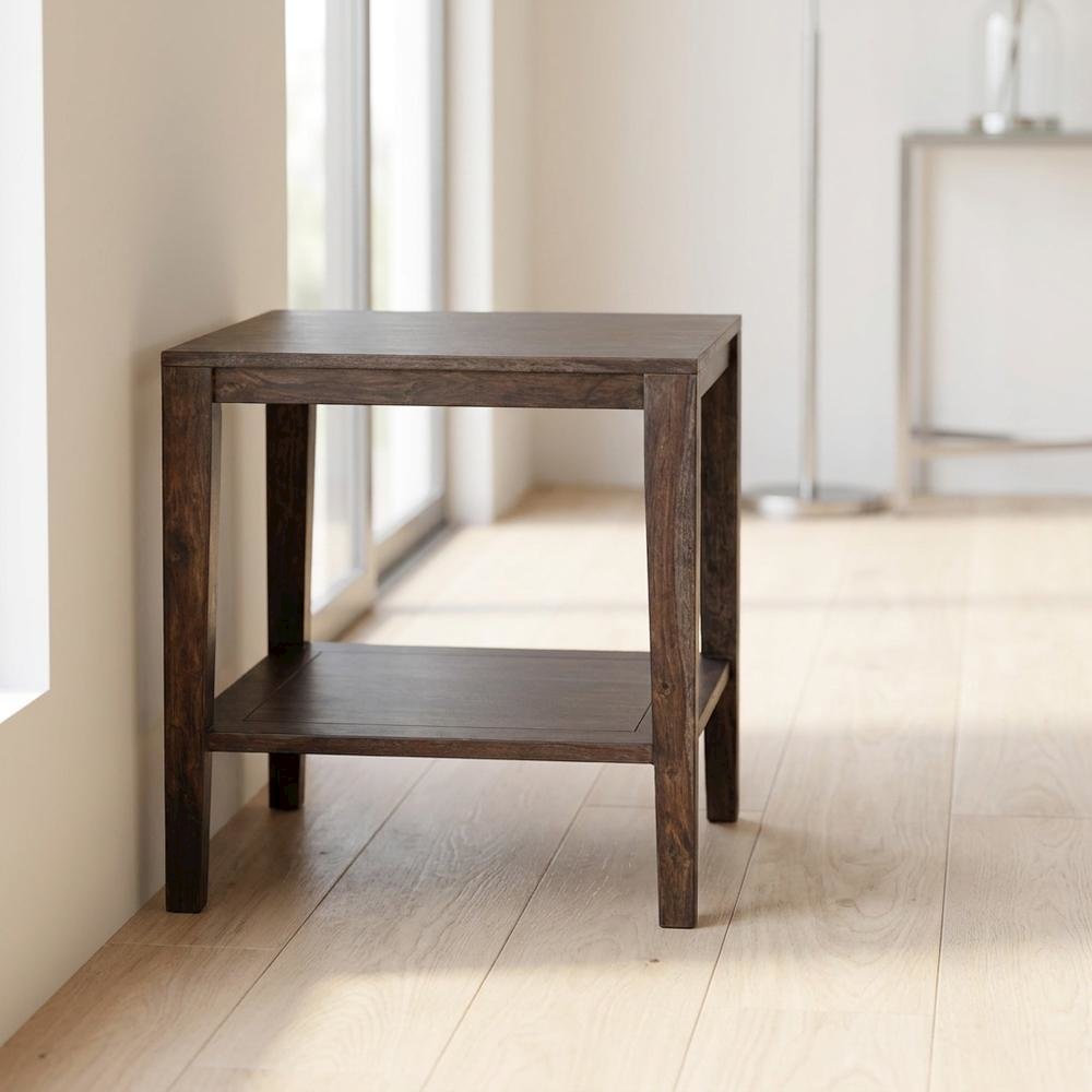 Solid Sheesham Wood End Table with Industrial-Style Open Shelf for Living Room