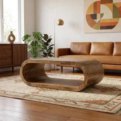 Solid Acacia Wood Coffee Table with Ellipse Top, Mid-Century Modern Style