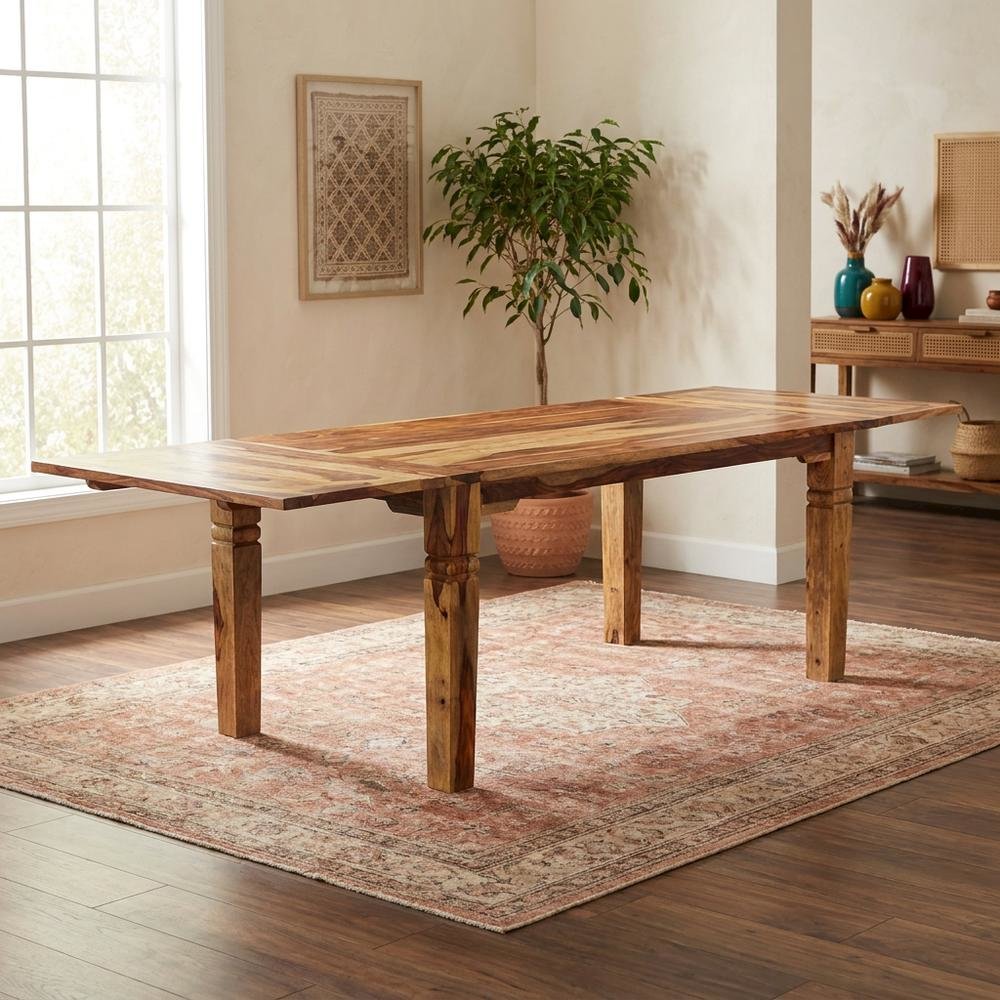 Solid Sheesham Wood Extendable Dining Table with Expandable Leaf for Dining Room