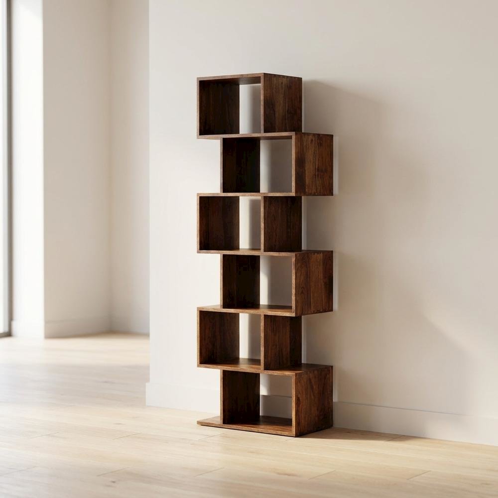 Solid Acacia Wood Bookcase with Open Shelving for Living Room Storage