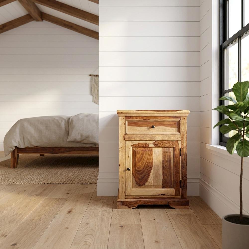 Solid Sheesham Wood Nightstand with Open Shelf, Bohemian Bedside Table