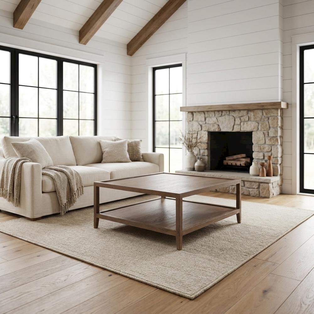 Solid Oak Wood Coffee Table with Modern Farmhouse Style for Living Room