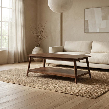 Solid Acacia Wood Coffee Table with Mid-Century Modern Style for Living Room