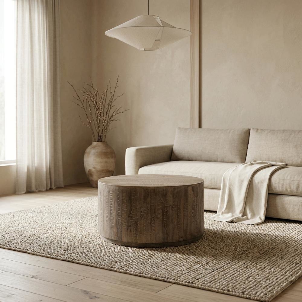 Mango Wood Round Coffee Table with Drum Base for Living Room