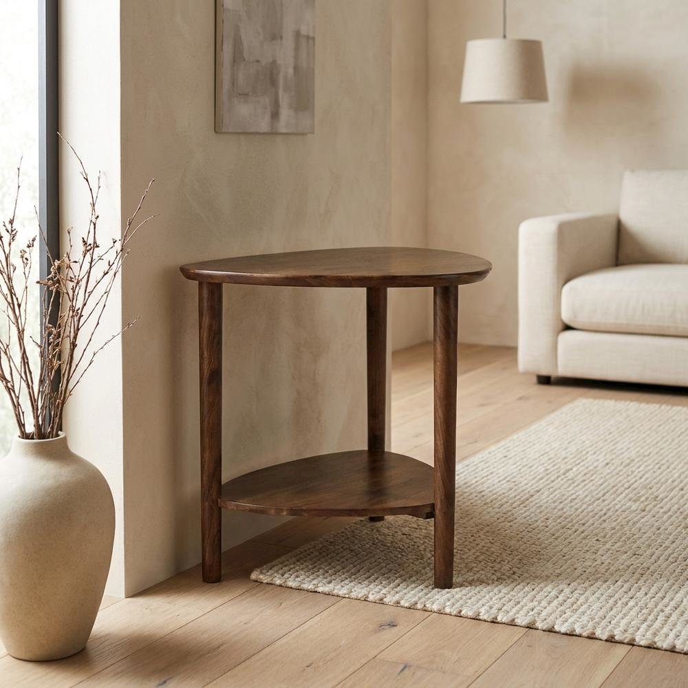 Solid Acacia Wood End Table with Lower Shelf and Rustic Farmhouse Style