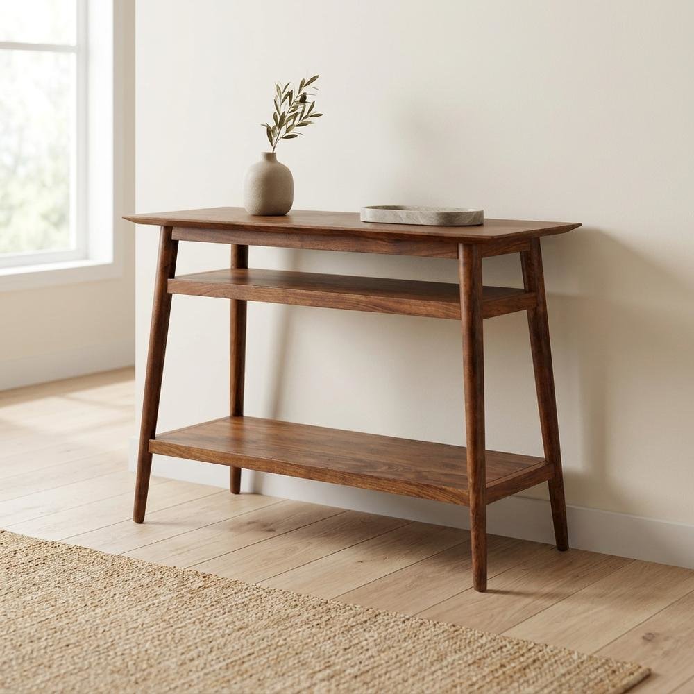 Solid Acacia Wood Console Table with Mid-Century Modern Style for Entryway